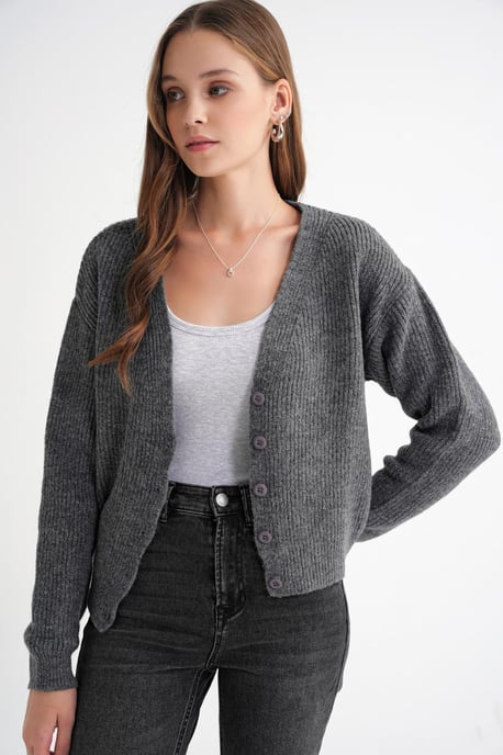 Strukturiertes V-Ausschnitt Knopf-Cardigan - Image 3