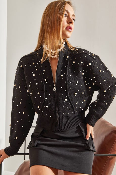 Perlenverzierten Reißverschluss-Crop-Cardigan - Image 1