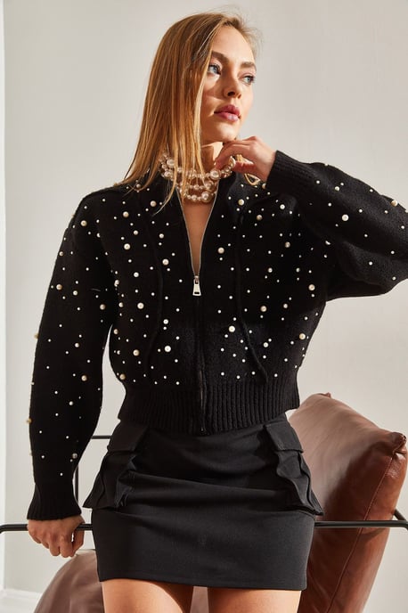Perlenverzierten Reißverschluss-Crop-Cardigan - Image 4