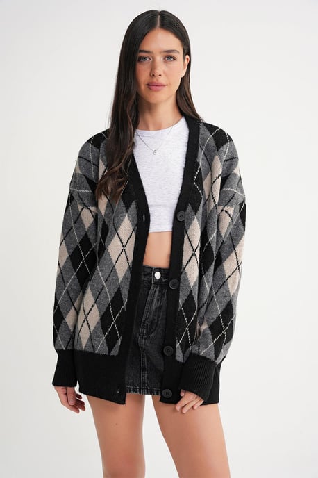 Übergrößen Argyle V-Ausschnitt Knopfpullover - Image 1