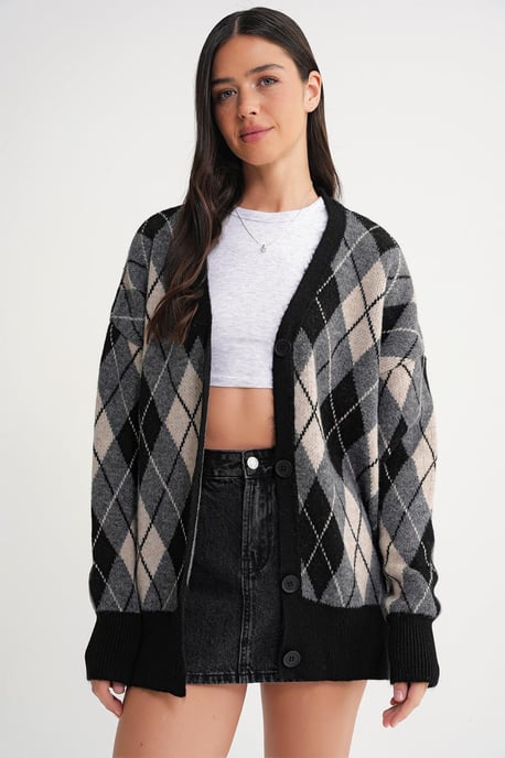 Übergrößen Argyle V-Ausschnitt Knopfpullover - Image 3