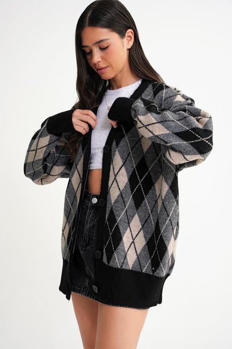 Übergrößen Argyle V-Ausschnitt Knopfpullover - Image 4