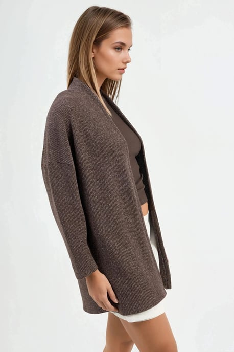 Langer gerippter Strickcardigan mit offenem Kragen - Image 2
