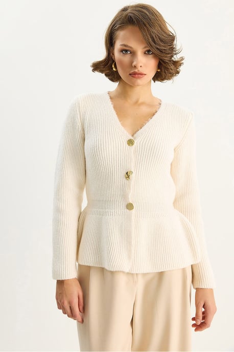 Rippstrick Langarm V-Ausschnitt Cardigan mit Knöpfen - Image 2