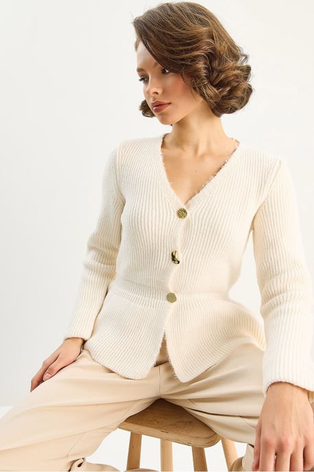 Rippstrick Langarm V-Ausschnitt Cardigan mit Knöpfen - Image 3