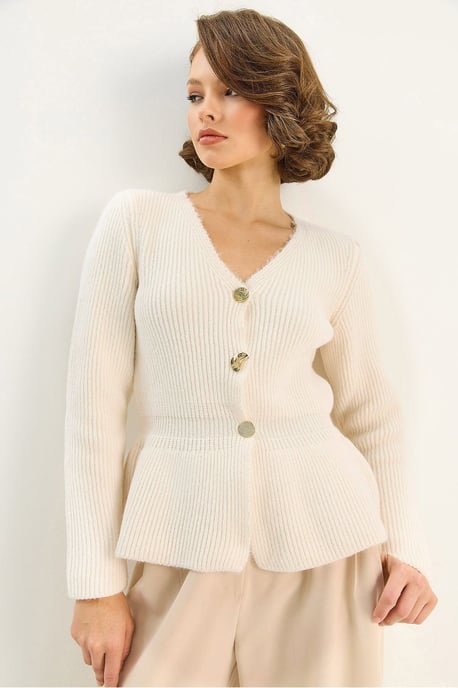 Rippstrick Langarm V-Ausschnitt Cardigan mit Knöpfen - Image 4