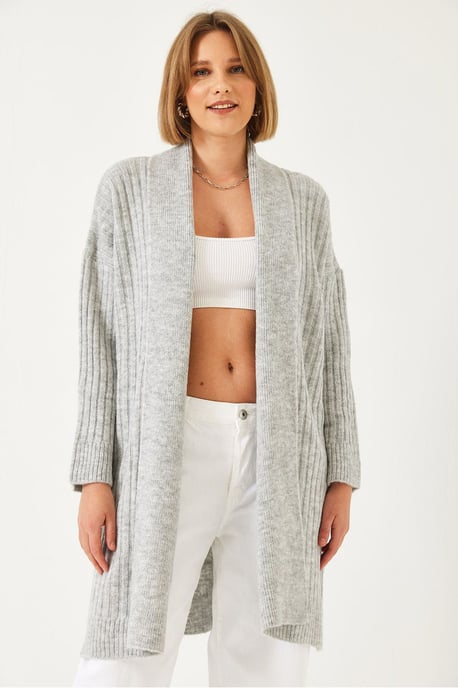 Strukturierter langer Rippenstrick-Cardigan mit Schalkragen - Image 2