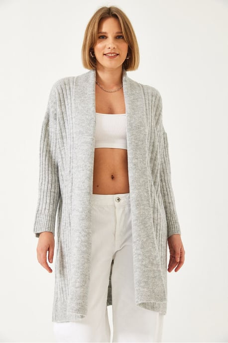 Strukturierter langer Rippenstrick-Cardigan mit Schalkragen - Image 3