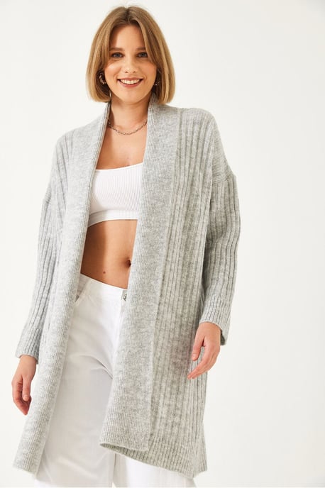 Strukturierter langer Rippenstrick-Cardigan mit Schalkragen - Image 4