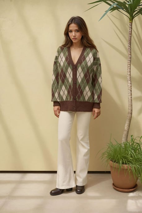 Langer V-Ausschnitt Geometrischer Strick-Cardigan mit Knöpfen - Image 3