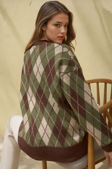 Langer V-Ausschnitt Geometrischer Strick-Cardigan mit Knöpfen - Image 4