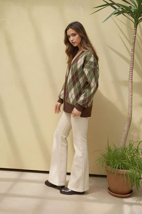 Langer V-Ausschnitt Geometrischer Strick-Cardigan mit Knöpfen - Image 5