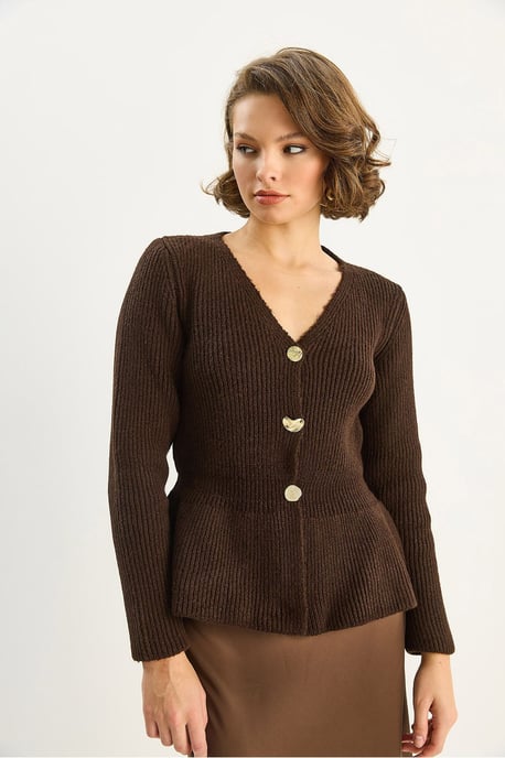 Rippstrick Langarm V-Ausschnitt Cardigan mit Knöpfen - Image 4