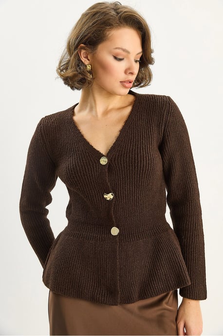 Rippstrick Langarm V-Ausschnitt Cardigan mit Knöpfen - Image 5