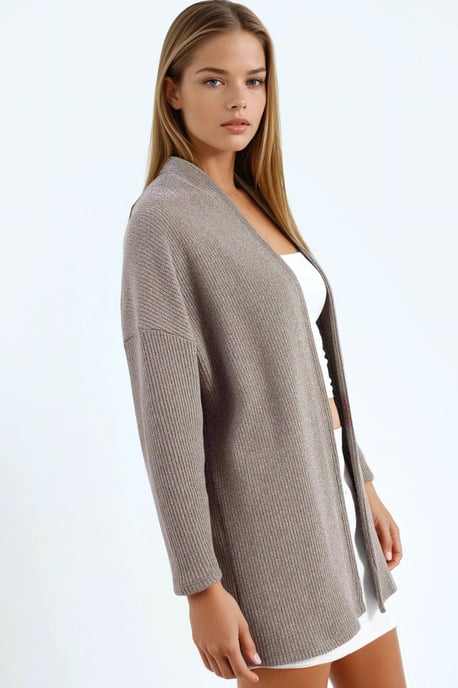 Langer gerippter Strickcardigan mit offenem Kragen - Image 2