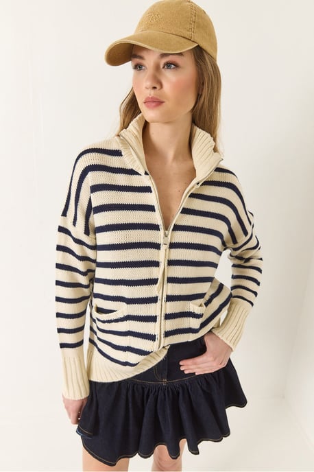 Gestreifter Strick-Cardigan mit Reißverschluss und Taschen - Image 2