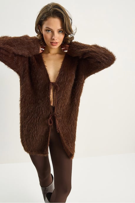 Strukturiertes V-Ausschnitt Midi-Cardigan mit Bindegürtel - Image 3