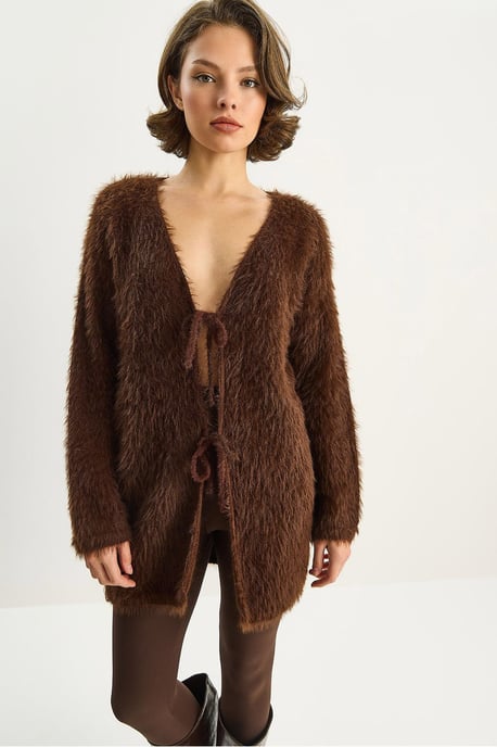 Strukturiertes V-Ausschnitt Midi-Cardigan mit Bindegürtel - Image 5