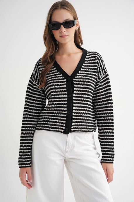 Gestreifter V-Ausschnitt Knopf-Front Rippenstrick-Cardigan - Image 1