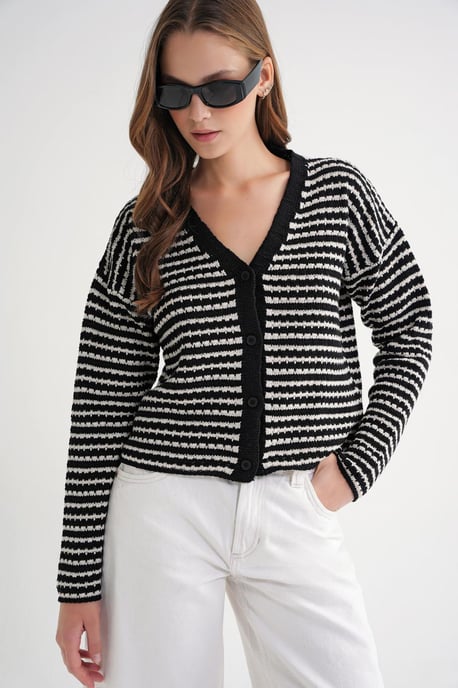 Gestreifter V-Ausschnitt Knopf-Front Rippenstrick-Cardigan - Image 2