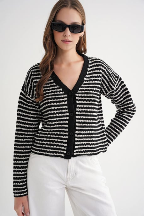 Gestreifter V-Ausschnitt Knopf-Front Rippenstrick-Cardigan - Image 3