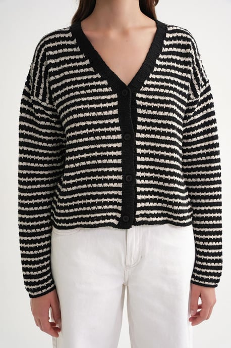 Gestreifter V-Ausschnitt Knopf-Front Rippenstrick-Cardigan - Image 5