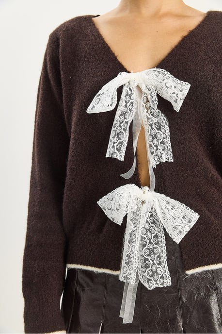Strick V-Ausschnitt Cardigan mit Spitzenbindeverschluss - Image 5