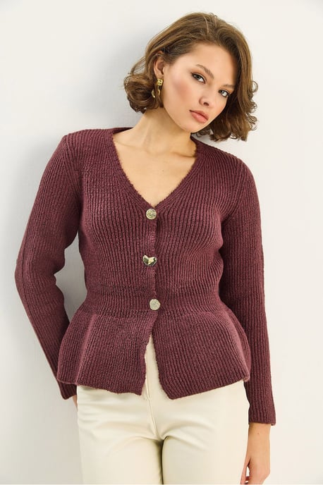 Rippstrick Langarm V-Ausschnitt Cardigan mit Knöpfen - Image 3