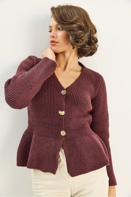 Rippstrick Langarm V-Ausschnitt Cardigan mit Knöpfen - Image 4