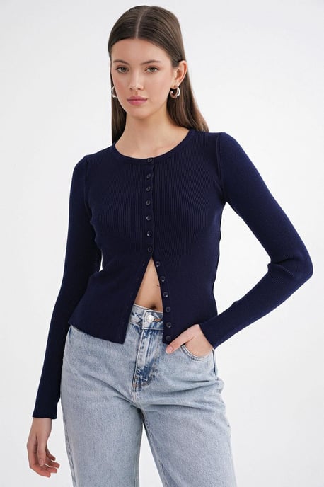 Knopf-Front Schlanker Rippstrick-Cardigan - Image 1