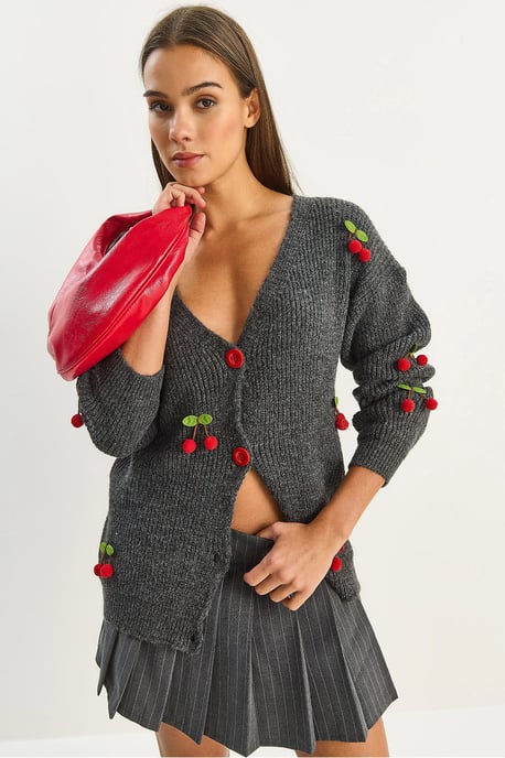 V-Ausschnitt Frucht bestickter Strickjacke - Image 1