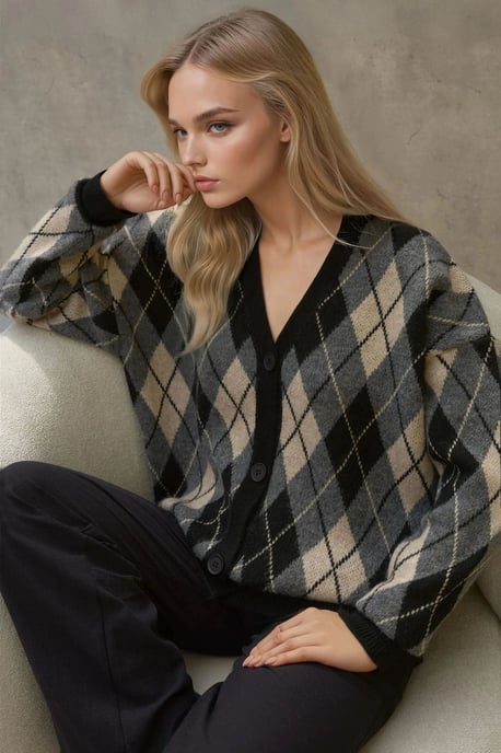 Langer V-Ausschnitt geometrischer Strick-Cardigan mit Knöpfen - Image 1