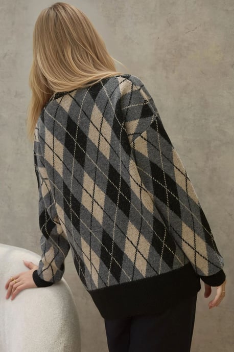 Langer V-Ausschnitt geometrischer Strick-Cardigan mit Knöpfen - Image 2