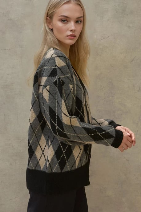 Langer V-Ausschnitt geometrischer Strick-Cardigan mit Knöpfen - Image 3