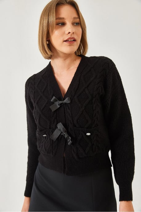 Strukturiertes V-Ausschnitt-Cropped-Cardigan mit Pompon - Image 3