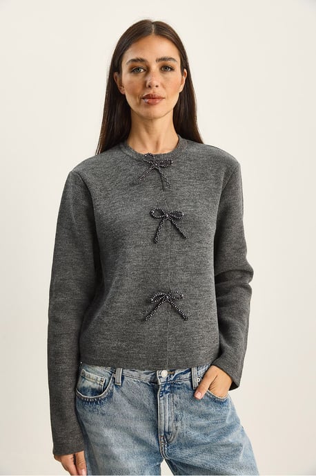 Pullover Cardigan mit Rundhalsausschnitt und Schleifendetail - Image 2