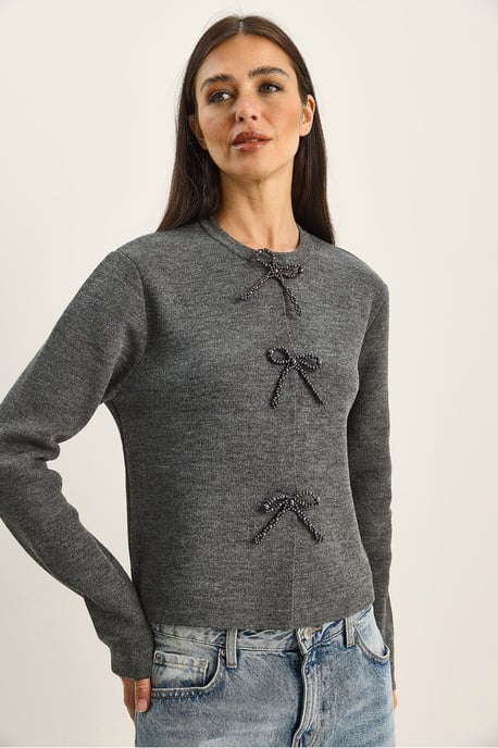 Pullover Cardigan mit Rundhalsausschnitt und Schleifendetail - Image 3