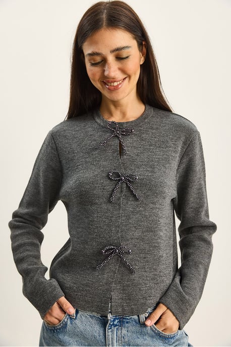 Pullover Cardigan mit Rundhalsausschnitt und Schleifendetail - Image 4