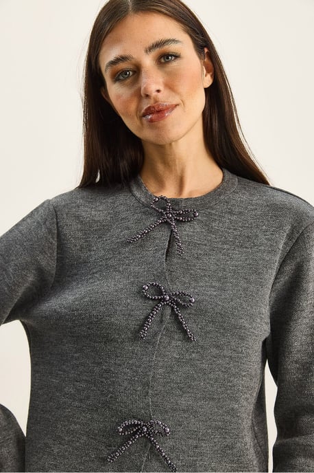 Pullover Cardigan mit Rundhalsausschnitt und Schleifendetail - Image 5