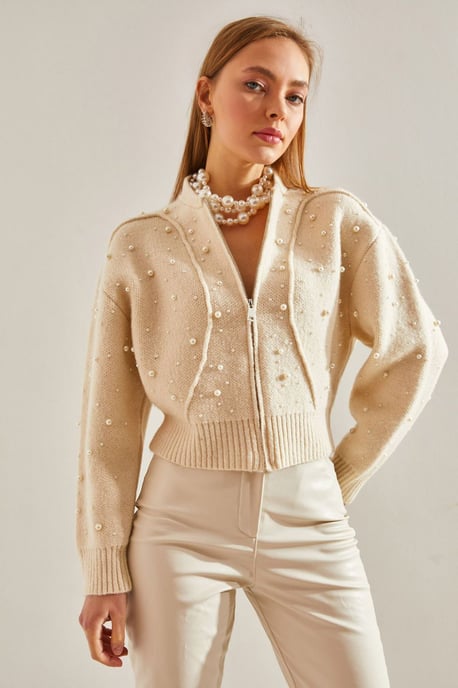 Perlenverzierten Reißverschluss-Crop-Cardigan - Image 2