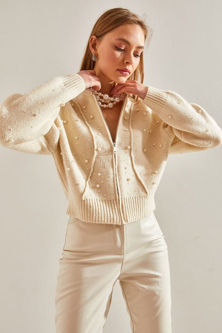 Perlenverzierten Reißverschluss-Crop-Cardigan - Image 3