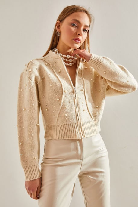 Perlenverzierten Reißverschluss-Crop-Cardigan - Image 4