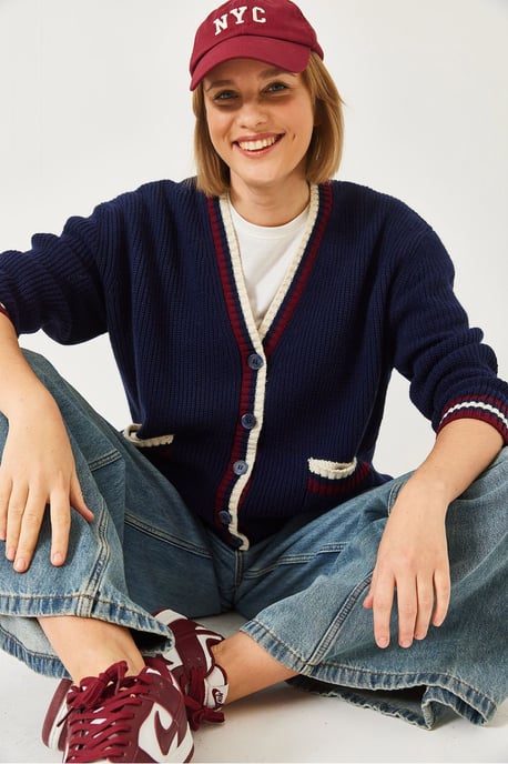 Gemusterter V-Ausschnitt Rippenstrick-Cardigan mit Taschen - Image 3