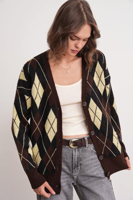 Oversize Argyle V-Ausschnitt Knopf-Cardigan - Image 1