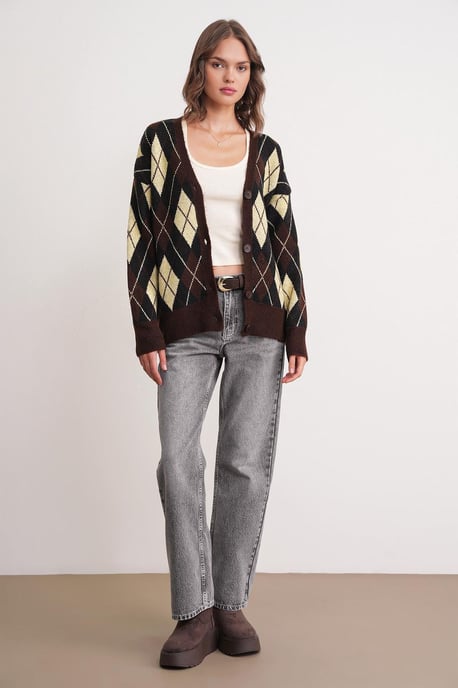 Oversize Argyle V-Ausschnitt Knopf-Cardigan - Image 2
