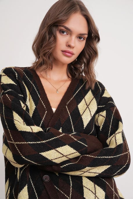 Oversize Argyle V-Ausschnitt Knopf-Cardigan - Image 3
