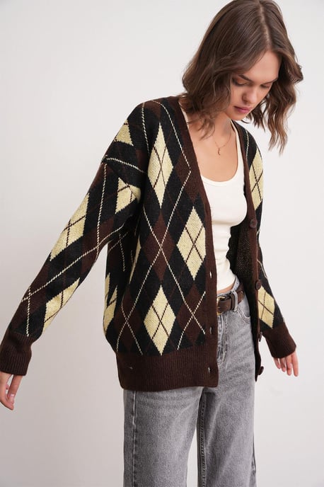 Oversize Argyle V-Ausschnitt Knopf-Cardigan - Image 4