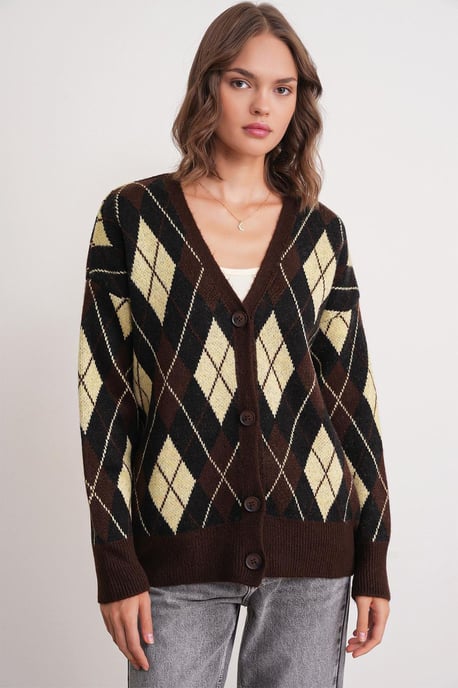 Oversize Argyle V-Ausschnitt Knopf-Cardigan - Image 5