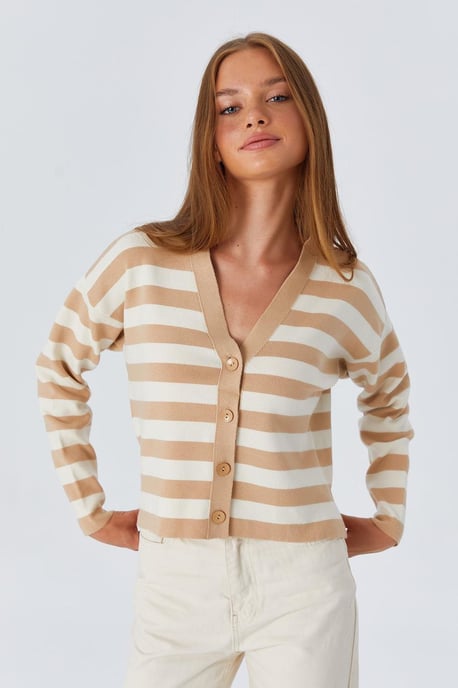 Gestreifter V-Ausschnitt Knopf-Cardigan - Image 2