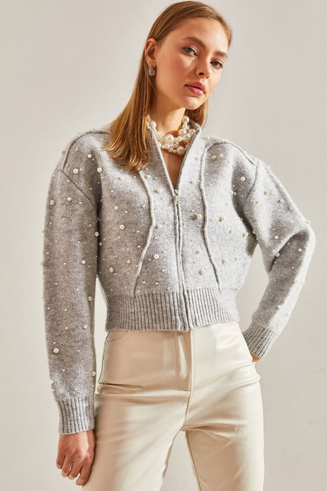 Perlenverzierten Reißverschluss-Crop-Cardigan - Image 1